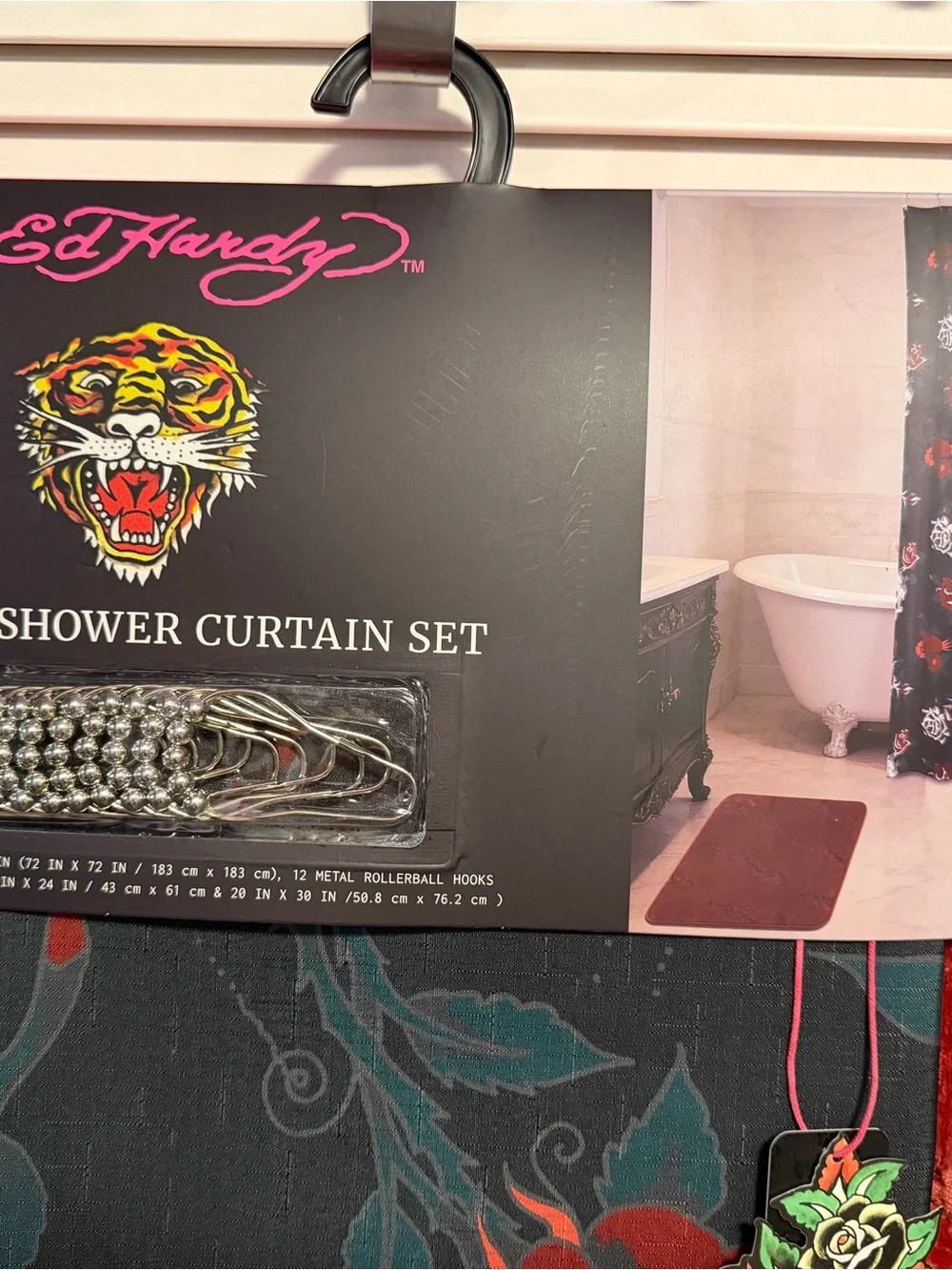 Ed Hardy Black Shower Curtain with Red Rose and Teal Leaves